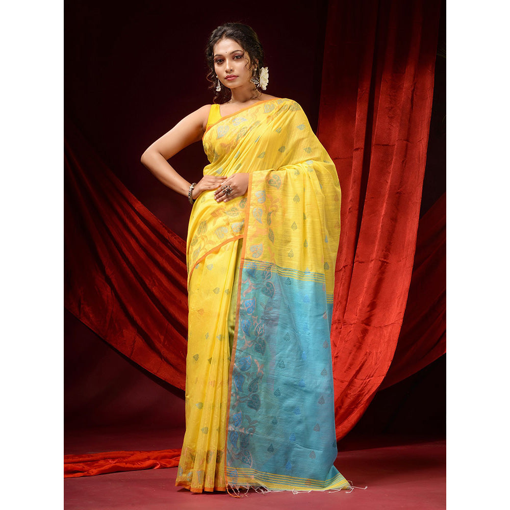 CHARUKRITI Lemon Yellow Cotton Handspun Woven Buttas & Foliage Borders Saree with Unstitched Blouse