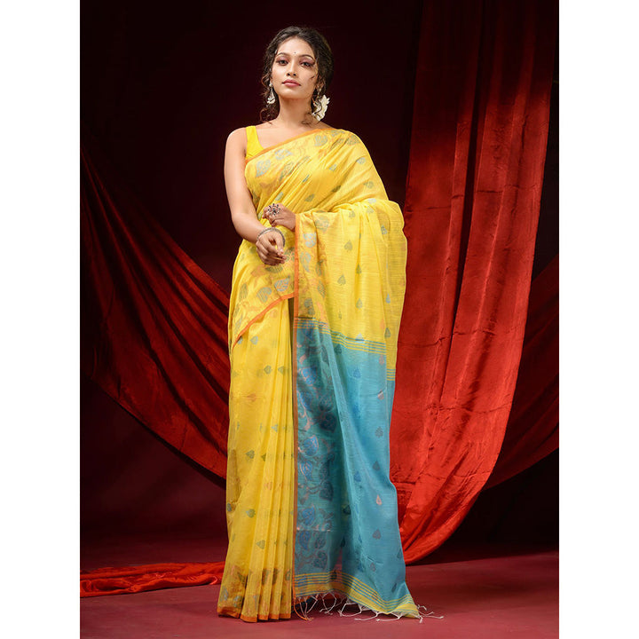 CHARUKRITI Lemon Yellow Cotton Handspun Woven Buttas & Foliage Borders Saree with Unstitched Blouse