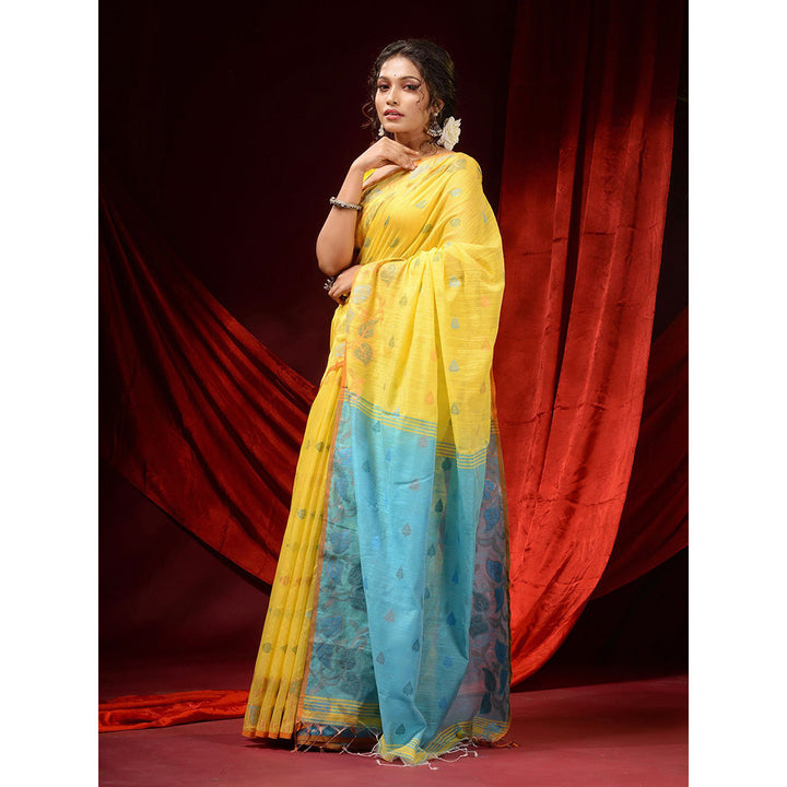 CHARUKRITI Lemon Yellow Cotton Handspun Woven Buttas & Foliage Borders Saree with Unstitched Blouse