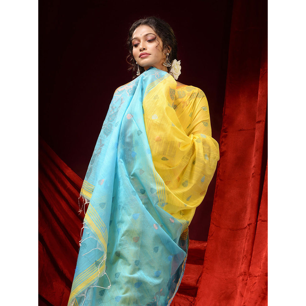 CHARUKRITI Lemon Yellow Cotton Handspun Woven Buttas & Foliage Borders Saree with Unstitched Blouse