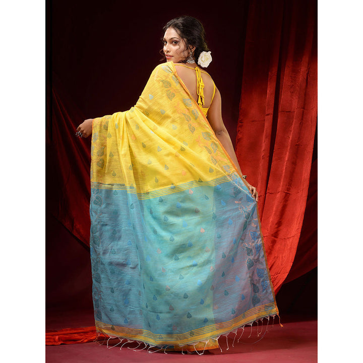 CHARUKRITI Lemon Yellow Cotton Handspun Woven Buttas & Foliage Borders Saree with Unstitched Blouse