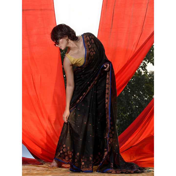 CHARUKRITI Black Cotton Blend Handwoven Zari Buttas and Motifs Saree with Unstitched Blouse