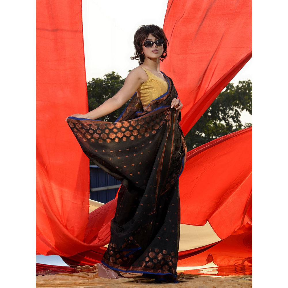 CHARUKRITI Black Cotton Blend Handwoven Zari Buttas and Motifs Saree with Unstitched Blouse