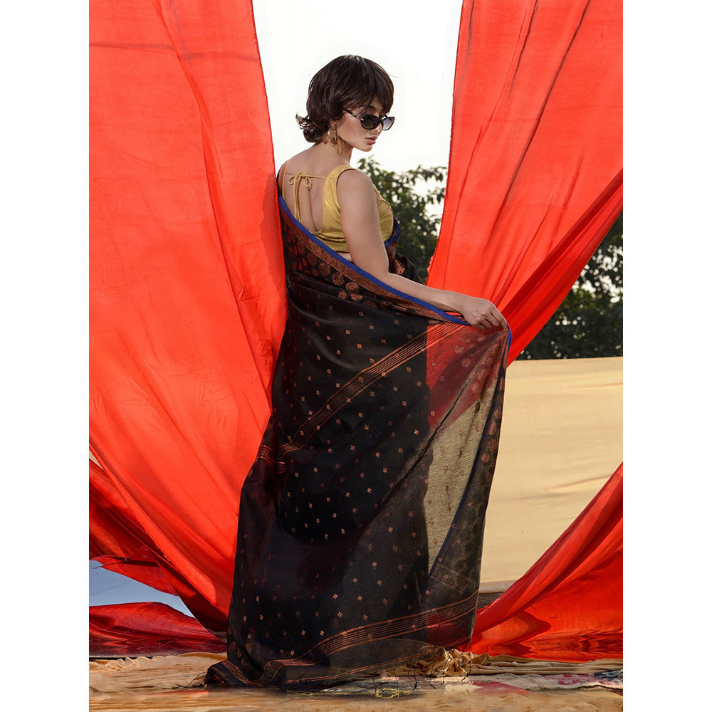 CHARUKRITI Black Cotton Blend Handwoven Zari Buttas and Motifs Saree with Unstitched Blouse