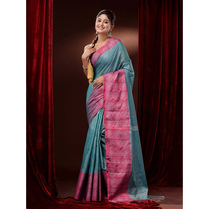 CHARUKRITI Teal Cotton Blend Handwoven Woven Zari and Floral Motifs Saree with Unstitched Blouse