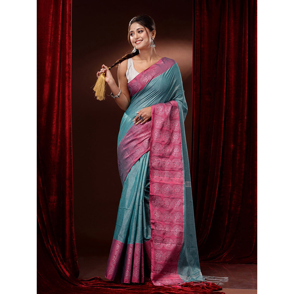 CHARUKRITI Teal Cotton Blend Handwoven Woven Zari and Floral Motifs Saree with Unstitched Blouse