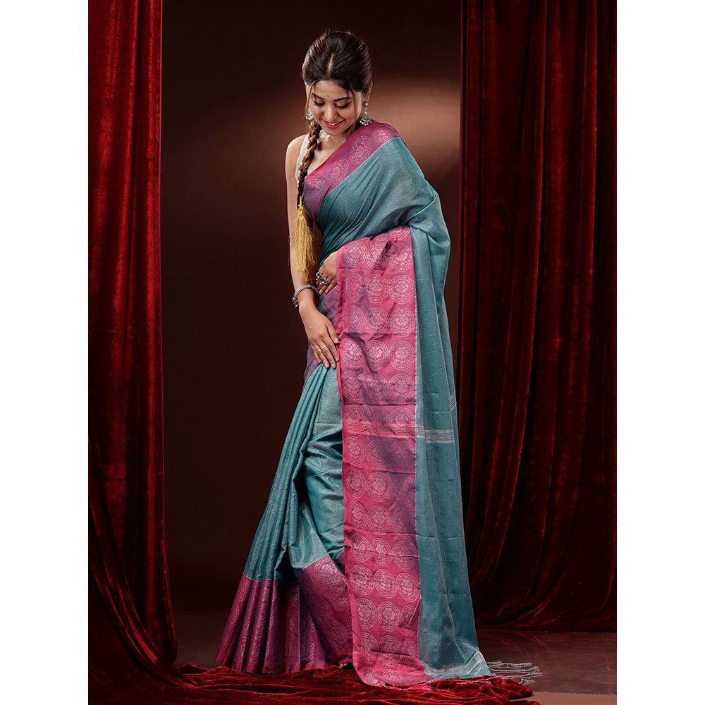 CHARUKRITI Teal Cotton Blend Handwoven Woven Zari and Floral Motifs Saree with Unstitched Blouse