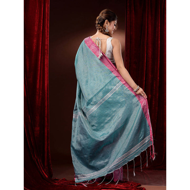 CHARUKRITI Teal Cotton Blend Handwoven Woven Zari and Floral Motifs Saree with Unstitched Blouse