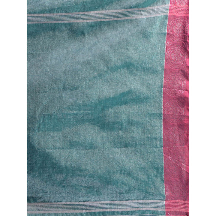 CHARUKRITI Teal Cotton Blend Handwoven Woven Zari and Floral Motifs Saree with Unstitched Blouse