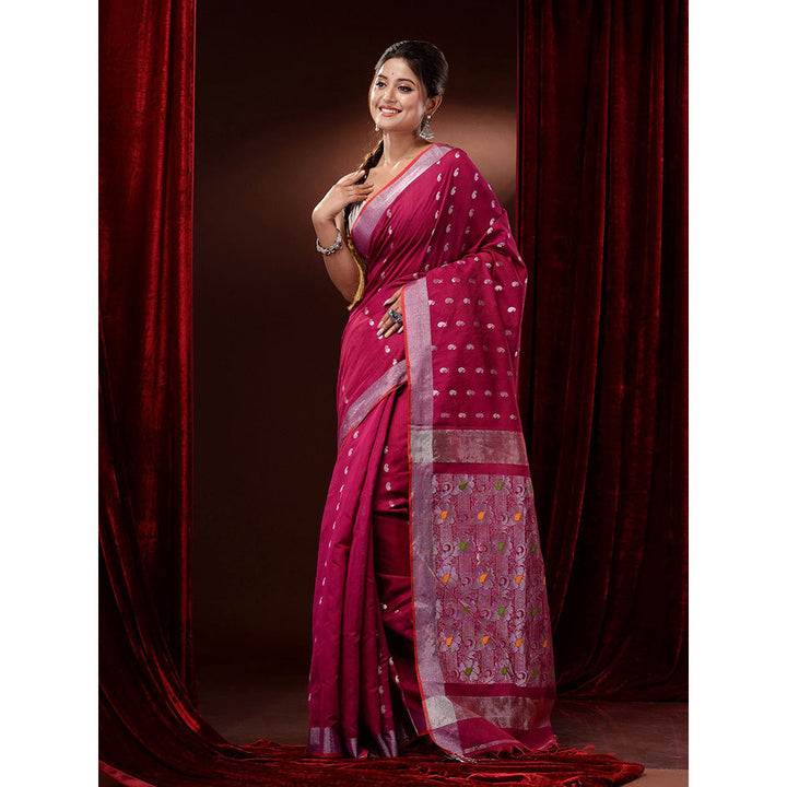 CHARUKRITI Magenta Cotton Blend Paisley Motifs and Zari Woven Pallu Saree with Unstitched Blouse