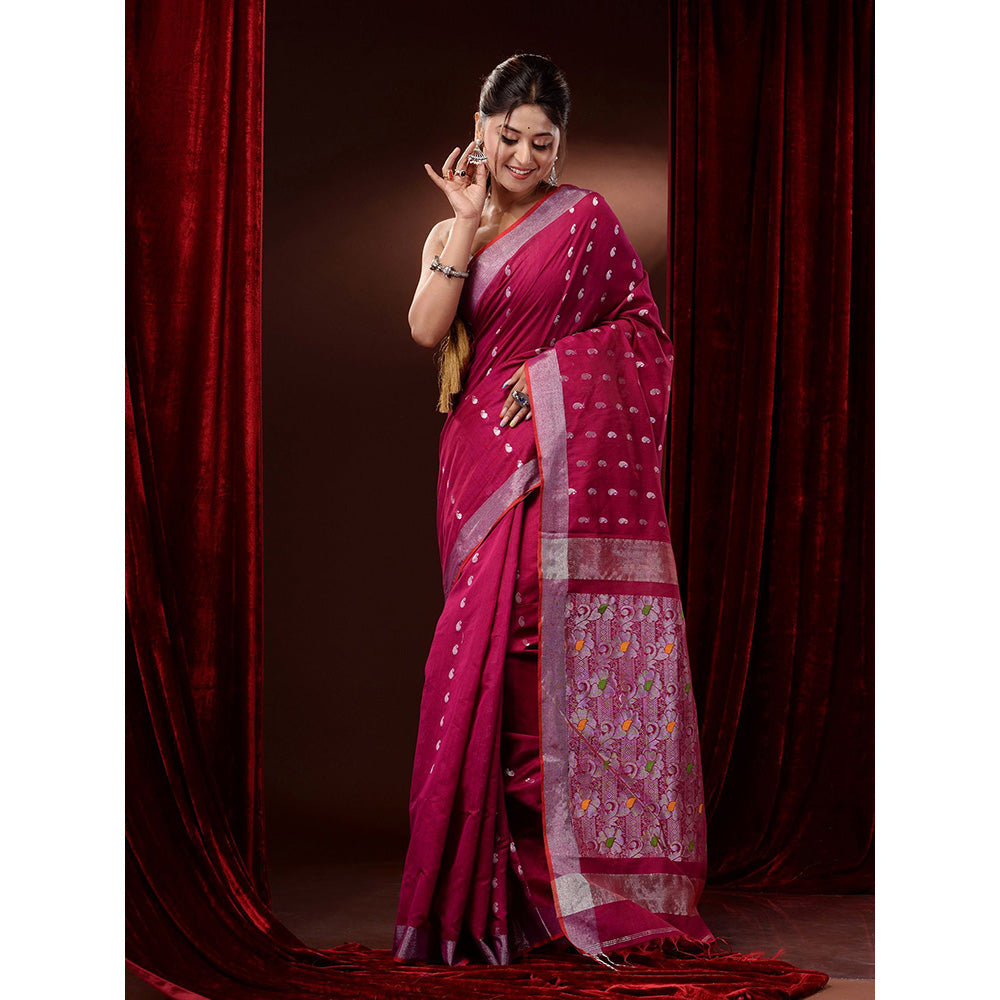 CHARUKRITI Magenta Cotton Blend Paisley Motifs and Zari Woven Pallu Saree with Unstitched Blouse