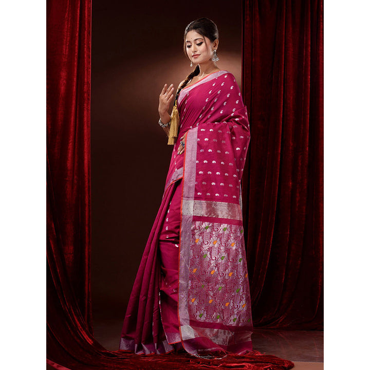 CHARUKRITI Magenta Cotton Blend Paisley Motifs and Zari Woven Pallu Saree with Unstitched Blouse