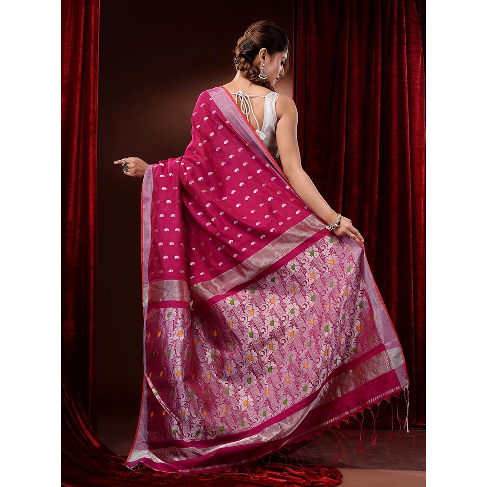 CHARUKRITI Magenta Cotton Blend Paisley Motifs and Zari Woven Pallu Saree with Unstitched Blouse