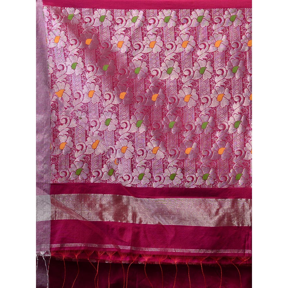 CHARUKRITI Magenta Cotton Blend Paisley Motifs and Zari Woven Pallu Saree with Unstitched Blouse