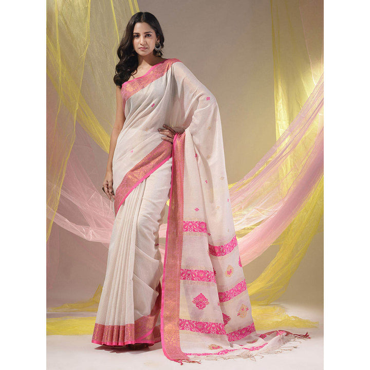 CHARUKRITI White Cotton Blend Handwoven Nakshi Design Saree with Unstitched Blouse