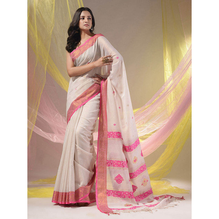 CHARUKRITI White Cotton Blend Handwoven Nakshi Design Saree with Unstitched Blouse