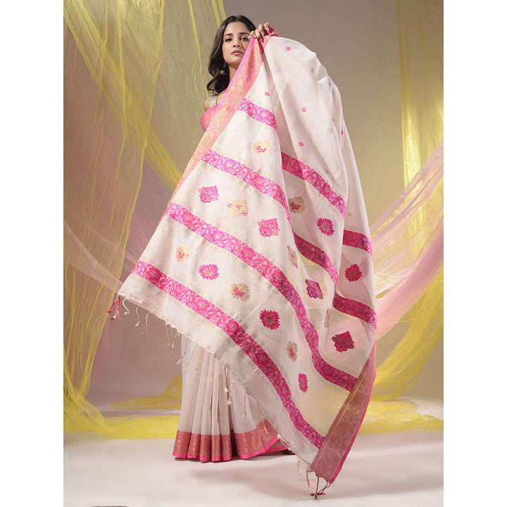 CHARUKRITI White Cotton Blend Handwoven Nakshi Design Saree with Unstitched Blouse