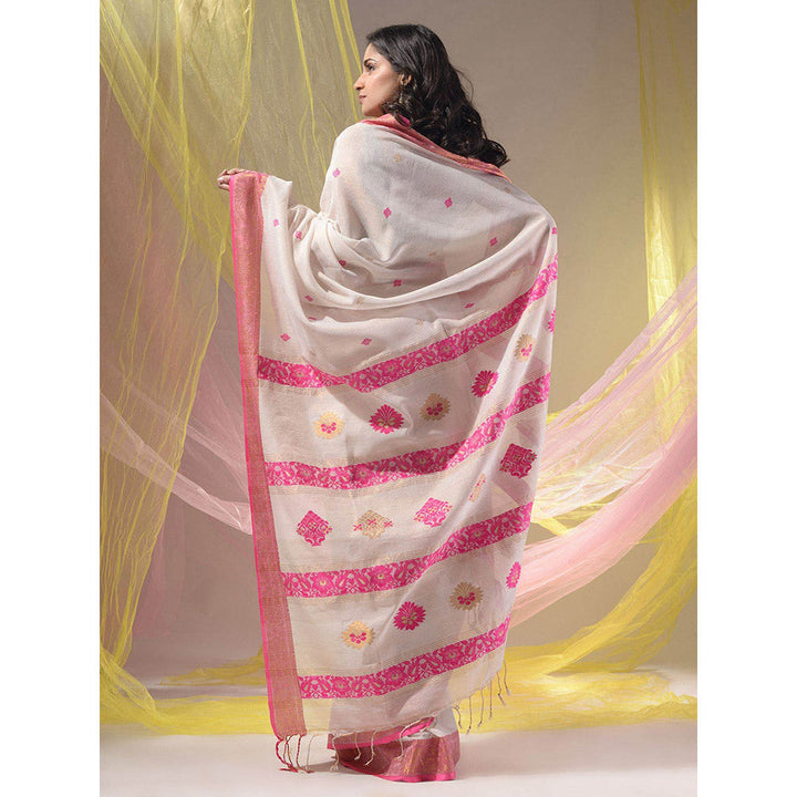 CHARUKRITI White Cotton Blend Handwoven Nakshi Design Saree with Unstitched Blouse