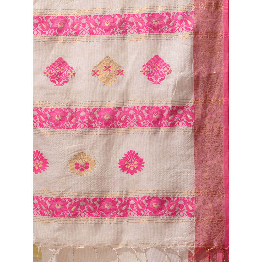 CHARUKRITI White Cotton Blend Handwoven Nakshi Design Saree with Unstitched Blouse