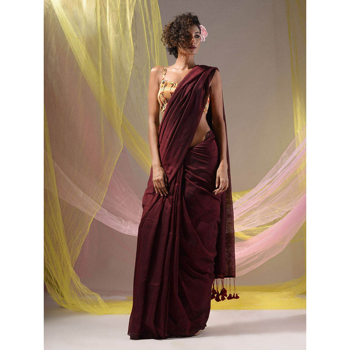 CHARUKRITI Maroon Solid Cotton Handloom Soft Tassels Saree with Unstitched Blouse