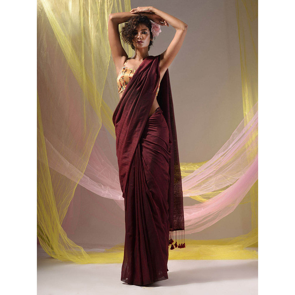 CHARUKRITI Maroon Solid Cotton Handloom Soft Tassels Saree with Unstitched Blouse