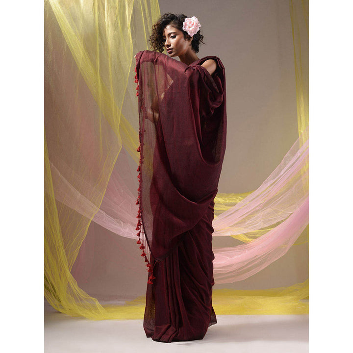 CHARUKRITI Maroon Solid Cotton Handloom Soft Tassels Saree with Unstitched Blouse