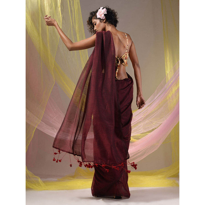 CHARUKRITI Maroon Solid Cotton Handloom Soft Tassels Saree with Unstitched Blouse