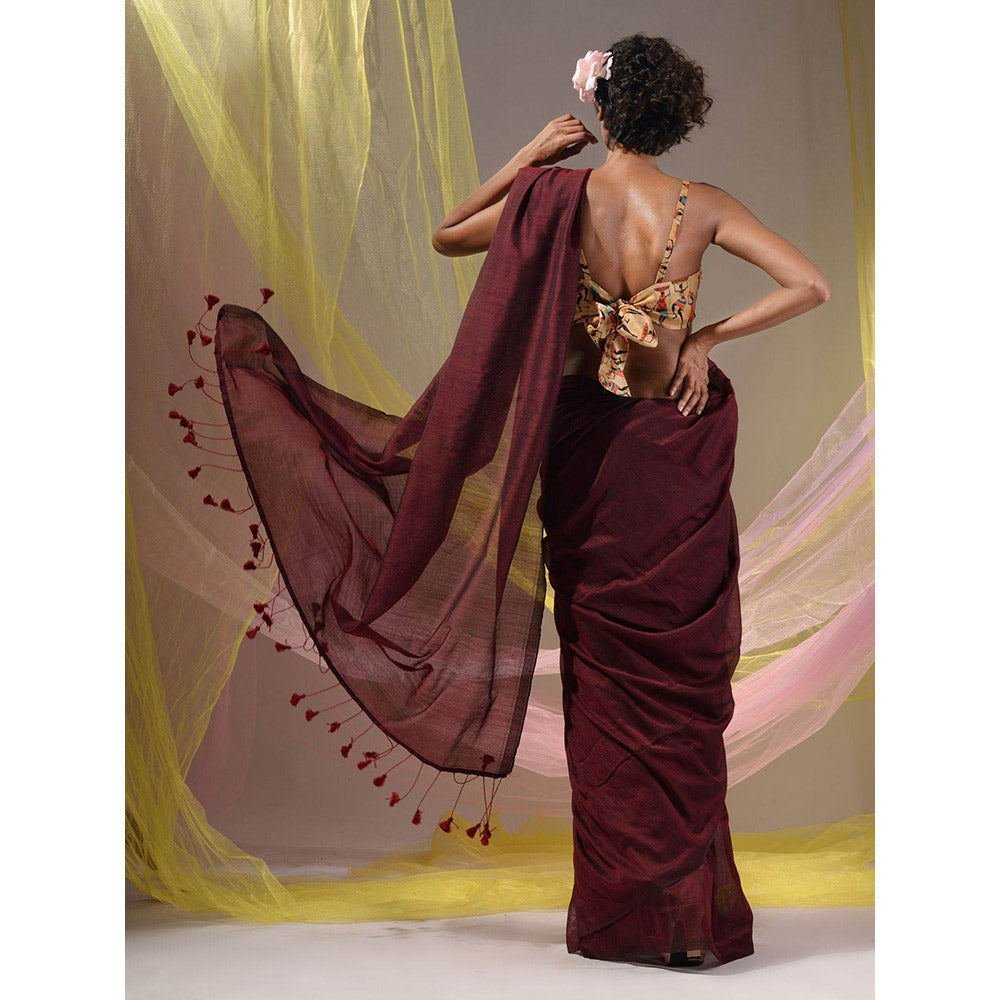 CHARUKRITI Maroon Solid Cotton Handloom Soft Tassels Saree with Unstitched Blouse