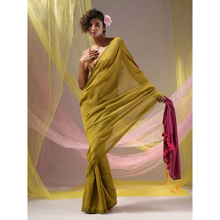 CHARUKRITI Corn Yellow & Magenta Cotton Colorblock Handloom Soft Saree with Unstitched Blouse