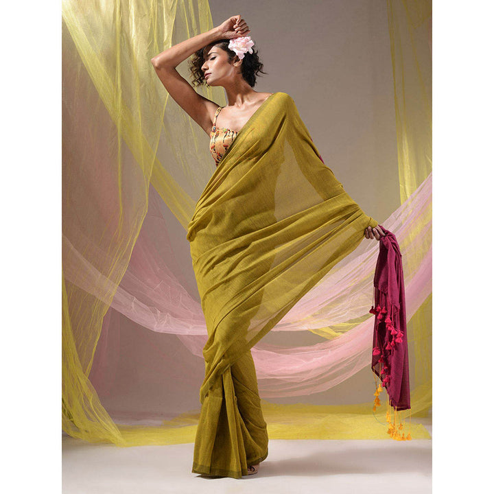 CHARUKRITI Corn Yellow & Magenta Cotton Colorblock Handloom Soft Saree with Unstitched Blouse