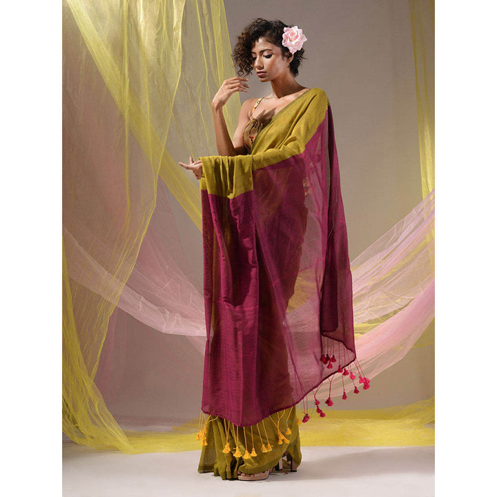 CHARUKRITI Corn Yellow & Magenta Cotton Colorblock Handloom Soft Saree with Unstitched Blouse