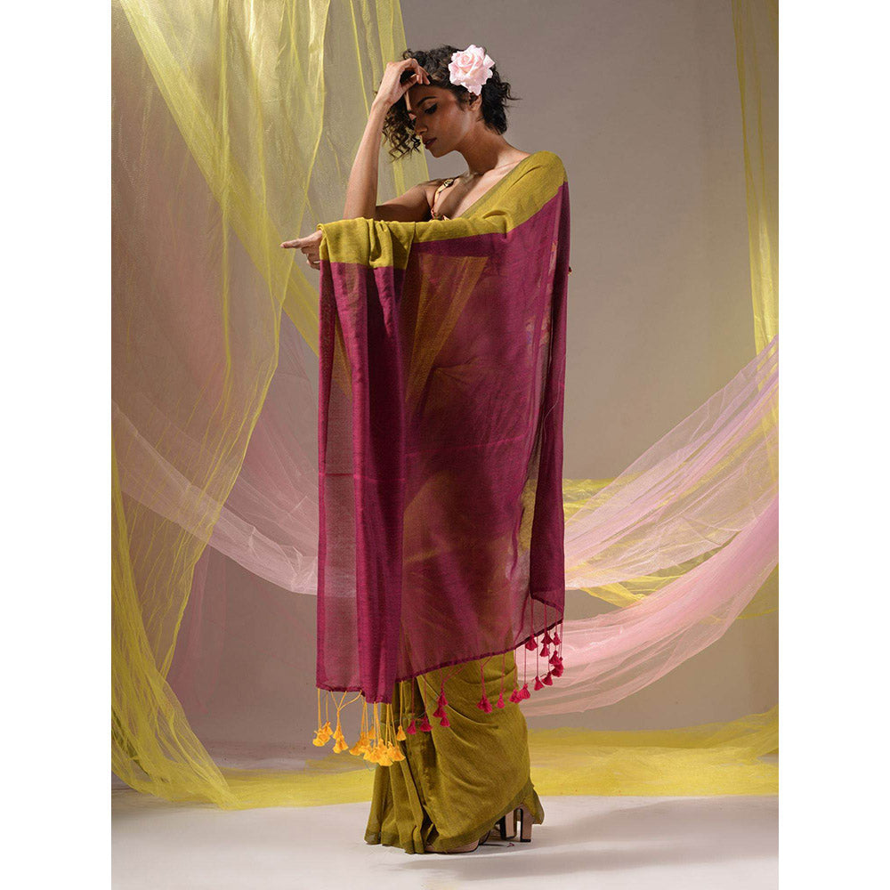 CHARUKRITI Corn Yellow & Magenta Cotton Colorblock Handloom Soft Saree with Unstitched Blouse