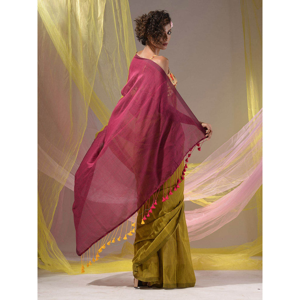 CHARUKRITI Corn Yellow & Magenta Cotton Colorblock Handloom Soft Saree with Unstitched Blouse