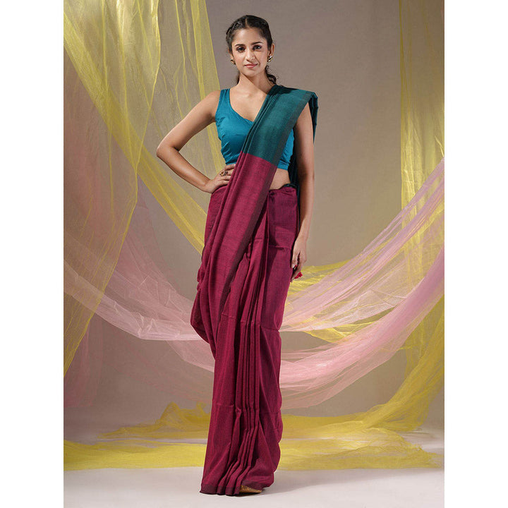 CHARUKRITI Magenta & Teal Cotton Colorblock Handloom Soft Saree with Unstitched Blouse