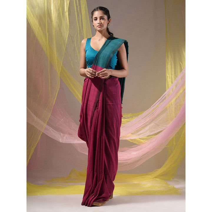 CHARUKRITI Magenta & Teal Cotton Colorblock Handloom Soft Saree with Unstitched Blouse