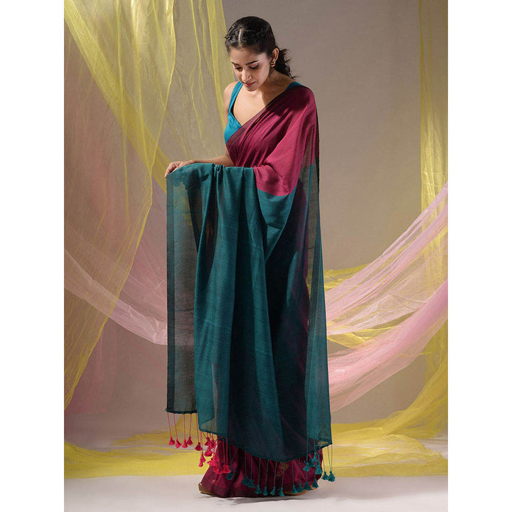 CHARUKRITI Magenta & Teal Cotton Colorblock Handloom Soft Saree with Unstitched Blouse