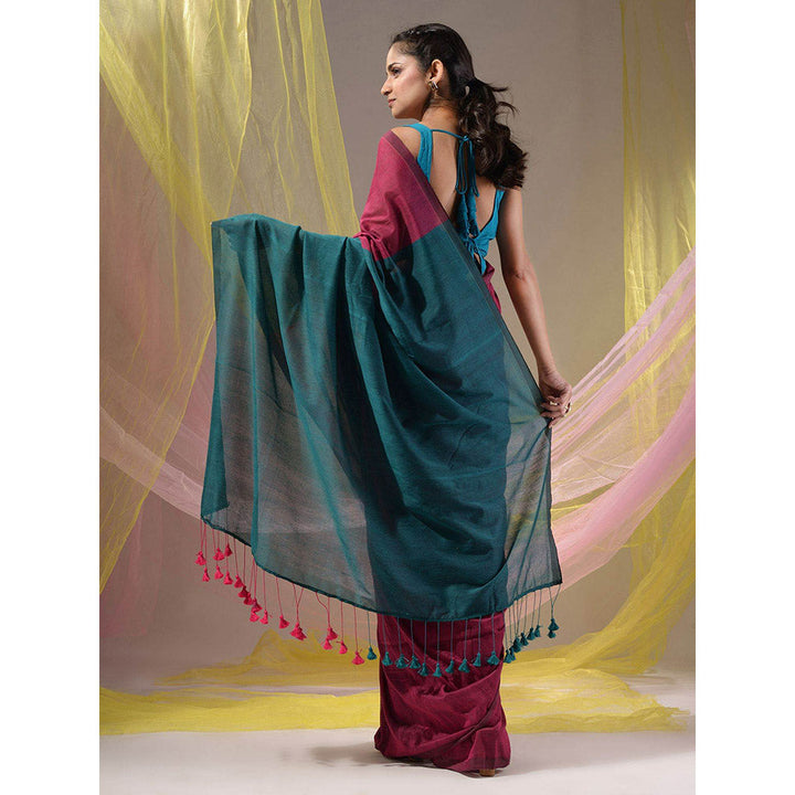 CHARUKRITI Magenta & Teal Cotton Colorblock Handloom Soft Saree with Unstitched Blouse