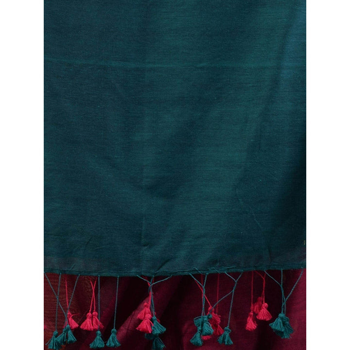 CHARUKRITI Magenta & Teal Cotton Colorblock Handloom Soft Saree with Unstitched Blouse