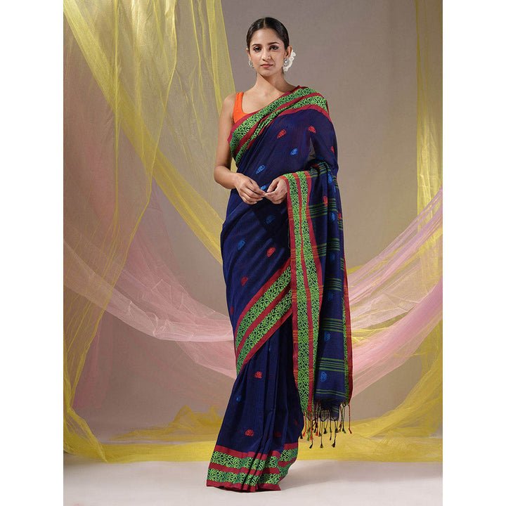 CHARUKRITI Royal Blue Cotton Handloom Soft Nakshi Border Saree with Unstitched Blouse