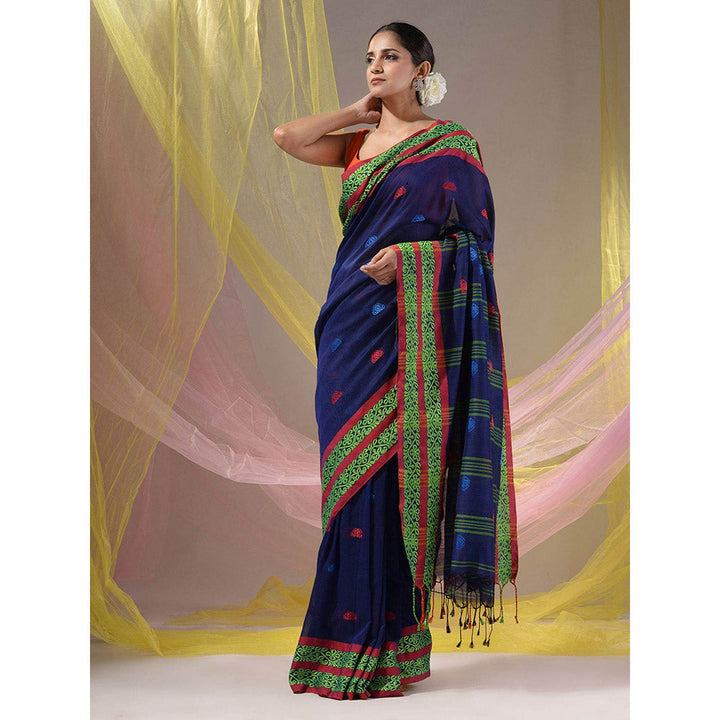 CHARUKRITI Royal Blue Cotton Handloom Soft Nakshi Border Saree with Unstitched Blouse