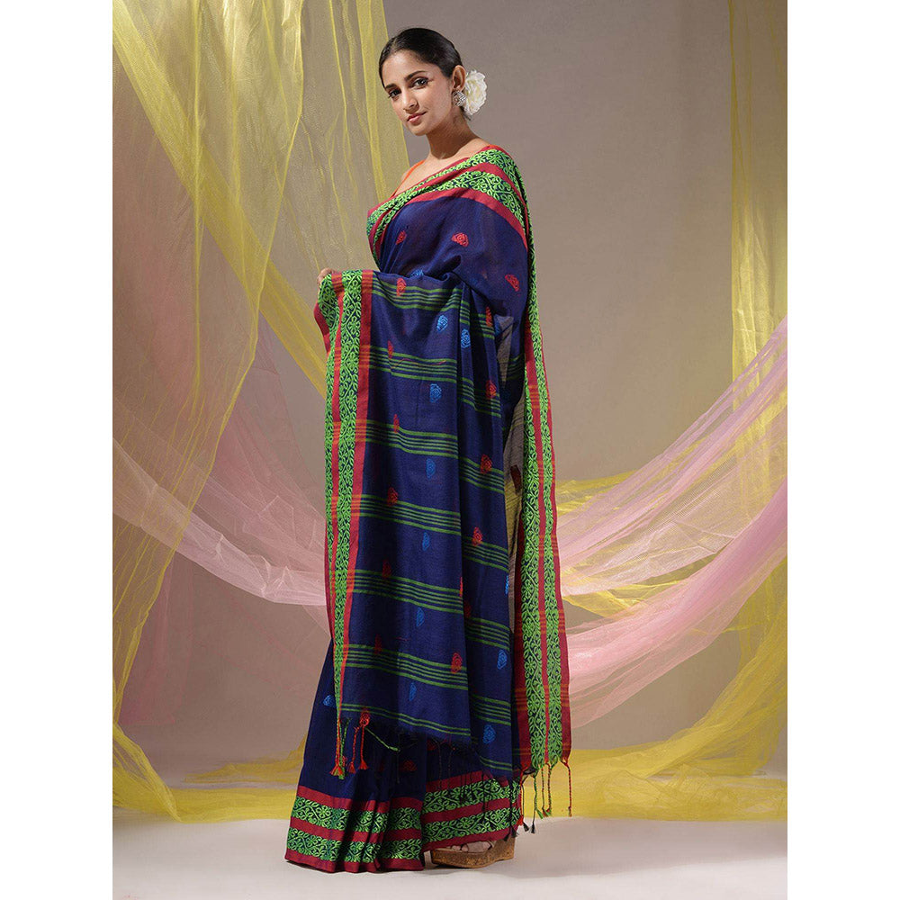 CHARUKRITI Royal Blue Cotton Handloom Soft Nakshi Border Saree with Unstitched Blouse