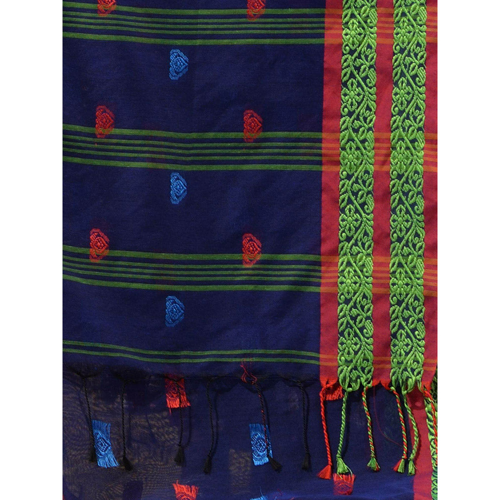 CHARUKRITI Royal Blue Cotton Handloom Soft Nakshi Border Saree with Unstitched Blouse