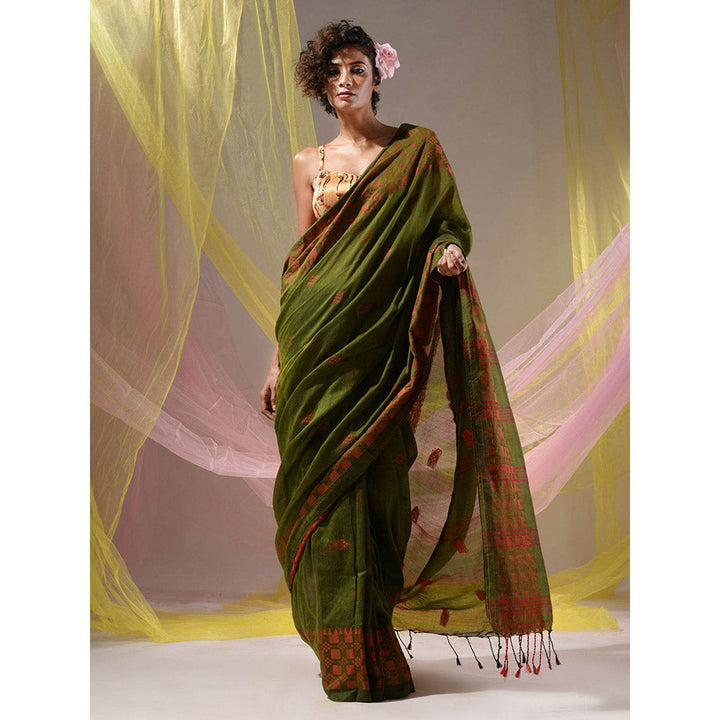 CHARUKRITI Pickle Green Cotton Handloom Soft Geometric Border Saree with Unstitched Blouse