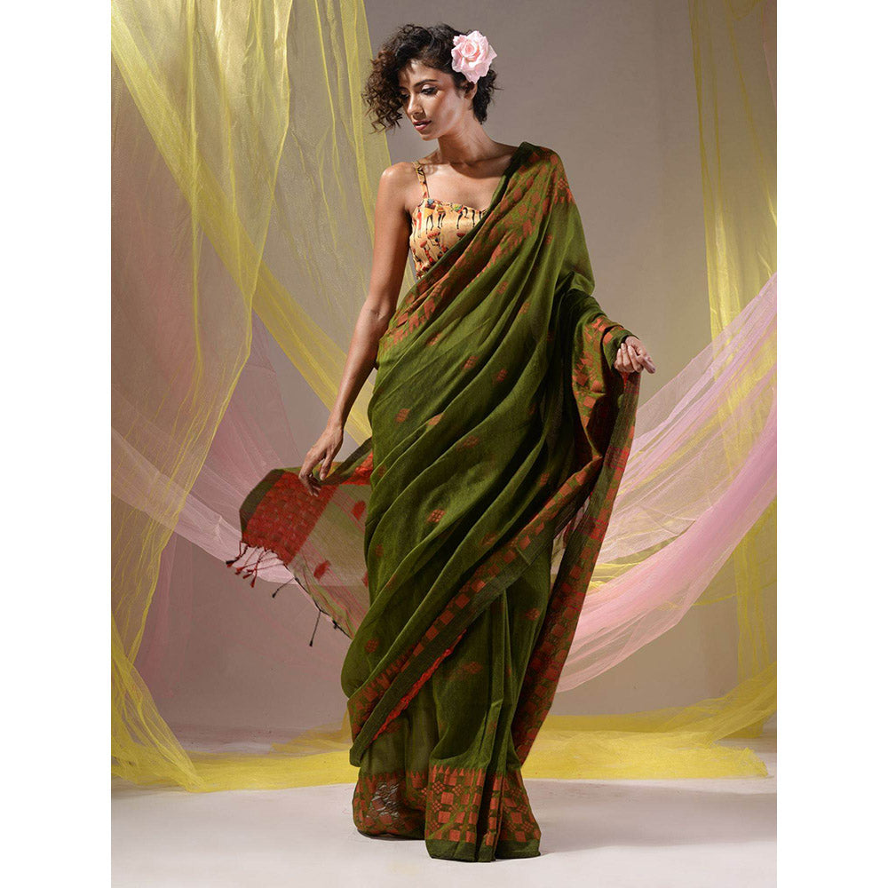 CHARUKRITI Pickle Green Cotton Handloom Soft Geometric Border Saree with Unstitched Blouse