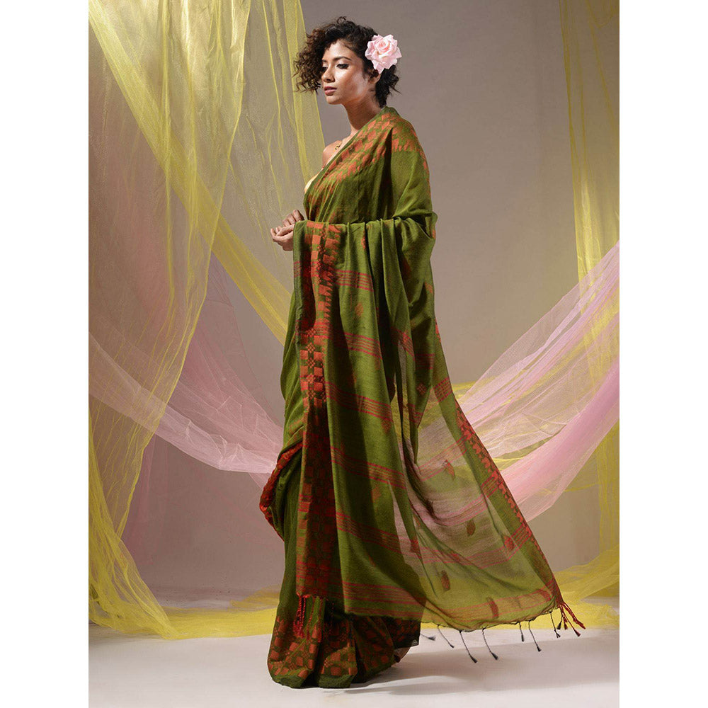 CHARUKRITI Pickle Green Cotton Handloom Soft Geometric Border Saree with Unstitched Blouse