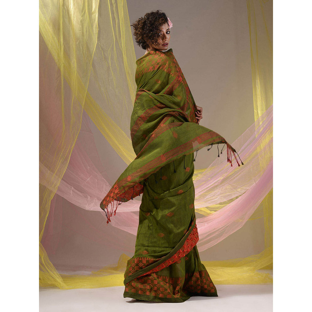 CHARUKRITI Pickle Green Cotton Handloom Soft Geometric Border Saree with Unstitched Blouse