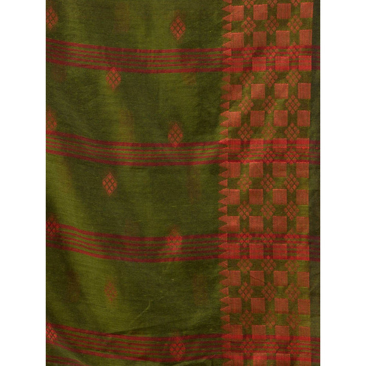 CHARUKRITI Pickle Green Cotton Handloom Soft Geometric Border Saree with Unstitched Blouse