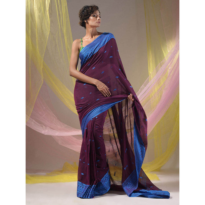 CHARUKRITI Wine Cotton Handloom Soft Saree with Unstitched Blouse