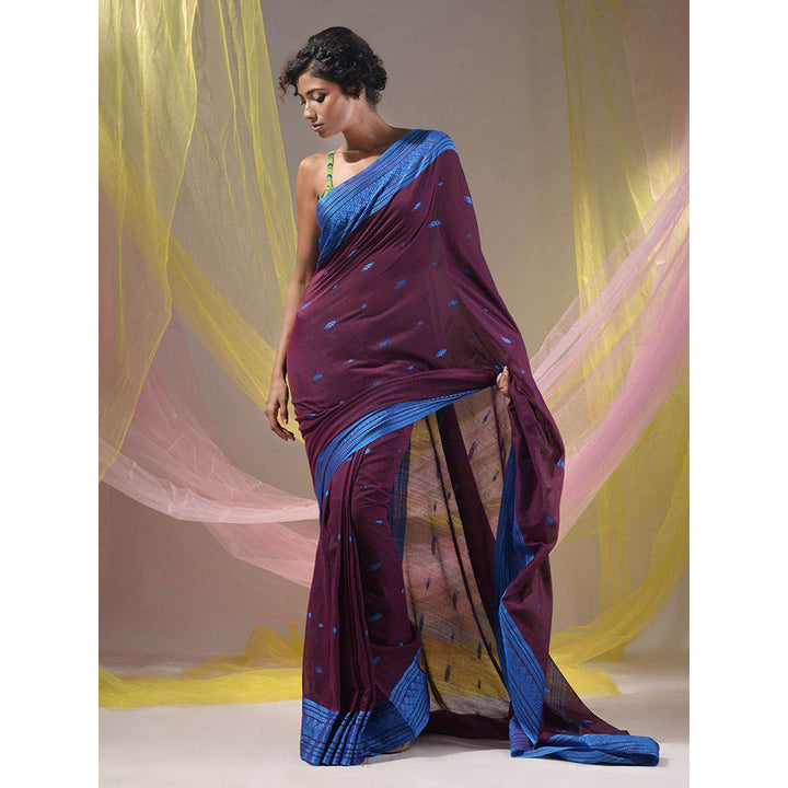 CHARUKRITI Wine Cotton Handloom Soft Saree with Unstitched Blouse