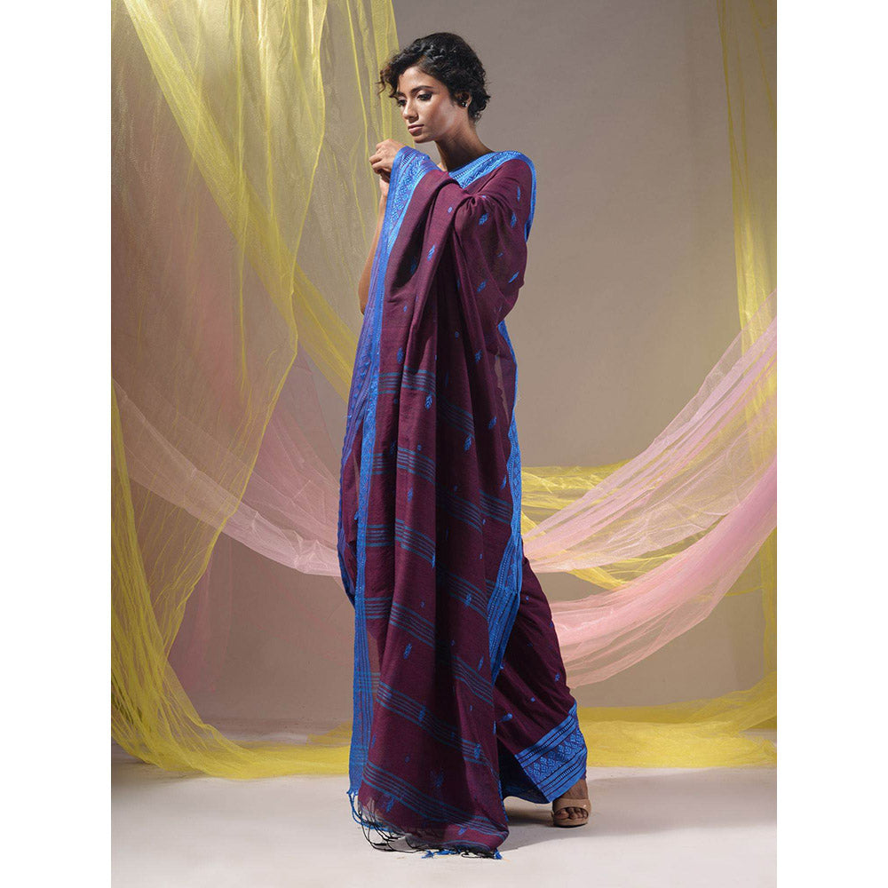 CHARUKRITI Wine Cotton Handloom Soft Saree with Unstitched Blouse